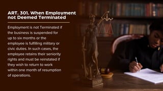 ART. 301. When Employment
not Deemed Terminated
Employment is not Terminated if
the business is suspended for
up to six months or the
employee is fulfilling military or
civic duties. In such cases, the
employee retains their seniority
rights and must be reinstated if
they wish to return to work
within one month of resumption
of operations.
 
