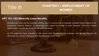 CHAPTER I – EMPLOYMENT OF
WOMEN
ART. 131. [133] Maternity Leave Benefits.
Title III
(b) Maternity leave can be extended without pay if a woman has a medically certified illness related to her
pregnancy, delivery, abortion, or miscarriage that makes her unable to work. However, if she has unused
leave credits, she can use those for the extended leave.
(c) The maternity leave provided in this Article shall be paid by the employer only for the first four (4)
deliveries by a woman employee after the effectivity of this Code.
 