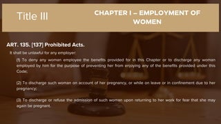 CHAPTER I – EMPLOYMENT OF
WOMEN
ART. 135. [137] Prohibited Acts.
Title III
It shall be unlawful for any employer:
(1) To deny any woman employee the benefits provided for in this Chapter or to discharge any woman
employed by him for the purpose of preventing her from enjoying any of the benefits provided under this
Code;
(2) To discharge such woman on account of her pregnancy, or while on leave or in confinement due to her
pregnancy;
(3) To discharge or refuse the admission of such woman upon returning to her work for fear that she may
again be pregnant.
 