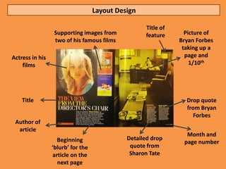 Layout Design

                                                    Title of
                  Supporting images from            feature      Picture of
                  two of his famous films                      Bryan Forbes
                                                                taking up a
Actress in his                                                   page and
    films                                                          1/10th




    Title                                                        Drop quote
                                                                 from Bryan
                                                                    Forbes
 Author of
  article
                                                                 Month and
                   Beginning                 Detailed drop
                                                                page number
                 ‘blurb’ for the              quote from
                 article on the               Sharon Tate
                   next page
 