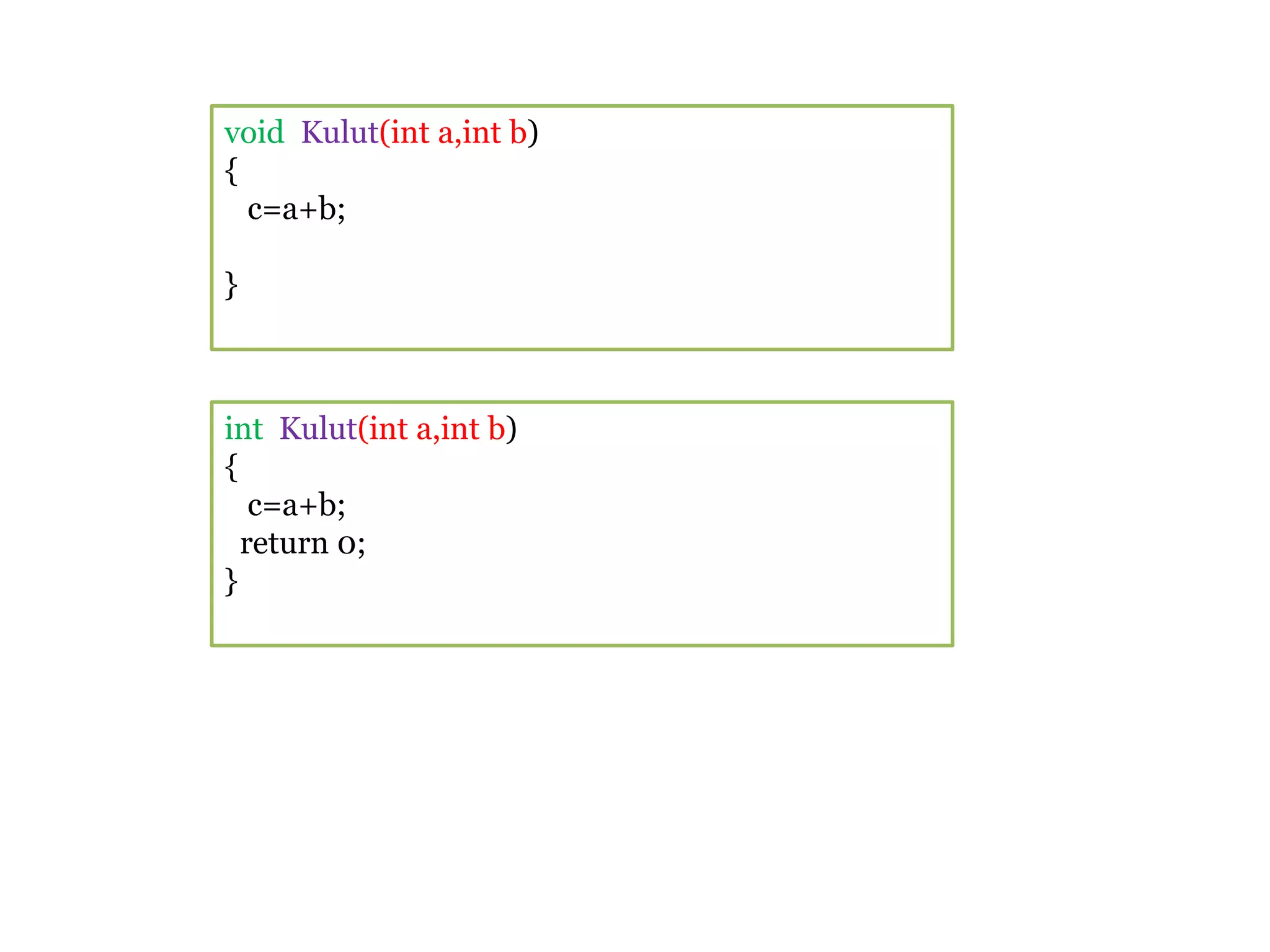 void Kulut(int a,int b)
{
c=a+b;
}
int Kulut(int a,int b)
{
c=a+b;
return 0;
}
 
