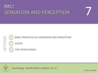 PART 7
© T.G. Lane 2018
1 BASIC PRINCIPLES OF SENSATION AND PERCEPTION
SECTIONS
SENSATION AND PERCEPTION
Ѱ
7
Psychology, Twelfth Edition (Myers, D. G.)
2 VISION
3 THE OTHER SENSES
 