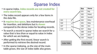 Sparse Index
• In sparse index, index records are not created for
every search key.
• The index record appears only for a few items in
the data file.
• It requires less space, less maintenance overhead
for insertion, and deletions but is slower
compared to the dense index for locating records.
• To search a record in sparse index we search for a
value that is less than or equal to value in index
for which we are looking.
• After getting the first record, linear search is
performed to retrieve the desired record.
• In the sparse indexing, as the size of the main
table grows, the size of index table also grows.
Rno Name
101 Raj
102 Meet
103 Suresh
101 104 Mira
104 105 Nita
107 106 Om
110 107 Ajay
108 Amit
109 Jeet
110 Nayan
Index Table Main Table
 