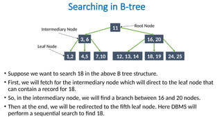 Searching in B-tree
• Suppose we want to search 18 in the above B tree structure.
• First, we will fetch for the intermediary node which will direct to the leaf node that
can contain a record for 18.
• So, in the intermediary node, we will find a branch between 16 and 20 nodes.
• Then at the end, we will be redirected to the fifth leaf node. Here DBMS will
perform a sequential search to find 18.
11
3, 6 16, 20
7,10 12, 13, 14
4,5
1,2 18, 19 24, 25
Root Node
Leaf Node
Intermediary Node
 