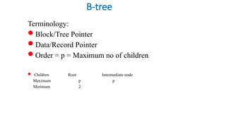 B-tree
Terminology:
Block/Tree Pointer
Data/Record Pointer
Order = p = Maximum no of children
 Children Root Intermediate node
Maximum p p
Minimum 2
 