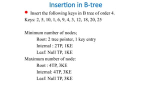 Insertion in B-tree
 Insert the following keys in B tree of order 4.
Keys: 2, 5, 10, 1, 6, 9, 4, 3, 12, 18, 20, 25
Minimum number of nodes;
Root: 2 tree pointer, 1 key entry
Internal : 2TP, 1KE
Leaf: Null TP, 1KE
Maximum number of node:
Root : 4TP, 3KE
Internal: 4TP, 3KE
Leaf: Null TP, 3KE
 