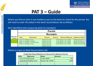 PAT 3 – Guide
Where you find an item is not marked as yes on the bank rec check for the period. You
will need to enter this detail in the bank reconciliation tab as follows:

Item identified when preparing bank rec (receipts):




Details as input on Bank Reconcilation tab
 