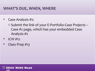 WHAT’S DUE, WHEN, WHERE

• Case Analysis #2:
  o Submit the link of your E-Portfolio-Case Projects –
    Case #2 page, which has your embedded Case
    Analysis #2
• ICW #12
• Class Prep #13




 EDUC W200 Week
 