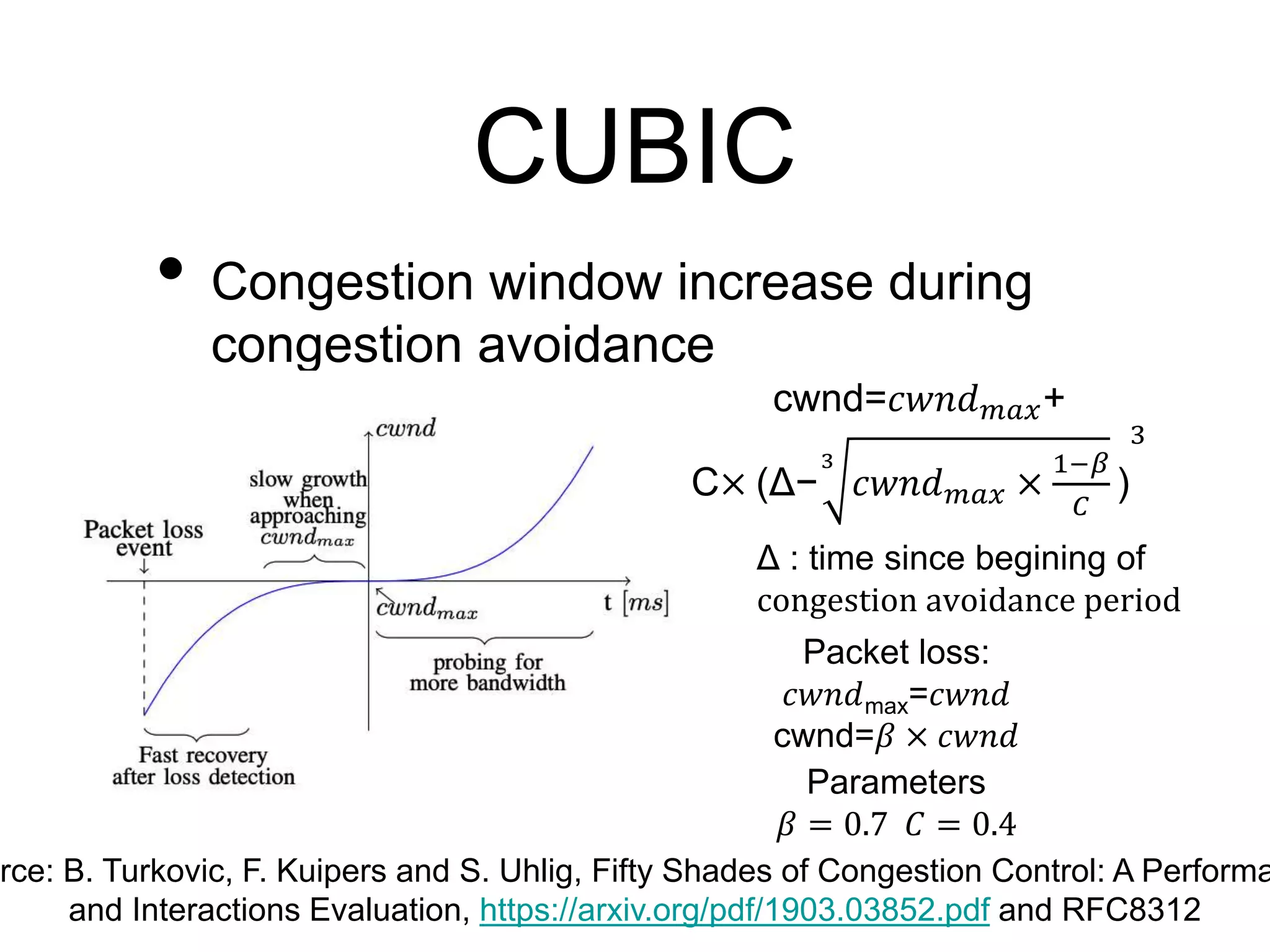 CUBIC
• Congestion window increase during
congestion avoidance
rce: B. Turkovic, F. Kuipers and S. Uhlig, Fifty Shades of Congestion Control: A Performa
and Interactions Evaluation, https://arxiv.org/pdf/1903.03852.pdf and RFC8312
cwnd=𝑐𝑤𝑛𝑑𝑚𝑎𝑥+
C× (Δ−
3
𝑐𝑤𝑛𝑑𝑚𝑎𝑥 ×
1−𝛽
𝐶
)
3
Packet loss:
𝑐𝑤𝑛𝑑max=𝑐𝑤𝑛𝑑
cwnd=𝛽 × 𝑐𝑤𝑛𝑑
Parameters
𝛽 = 0.7 𝐶 = 0.4
Δ : time since begining of
congestion avoidance period
 