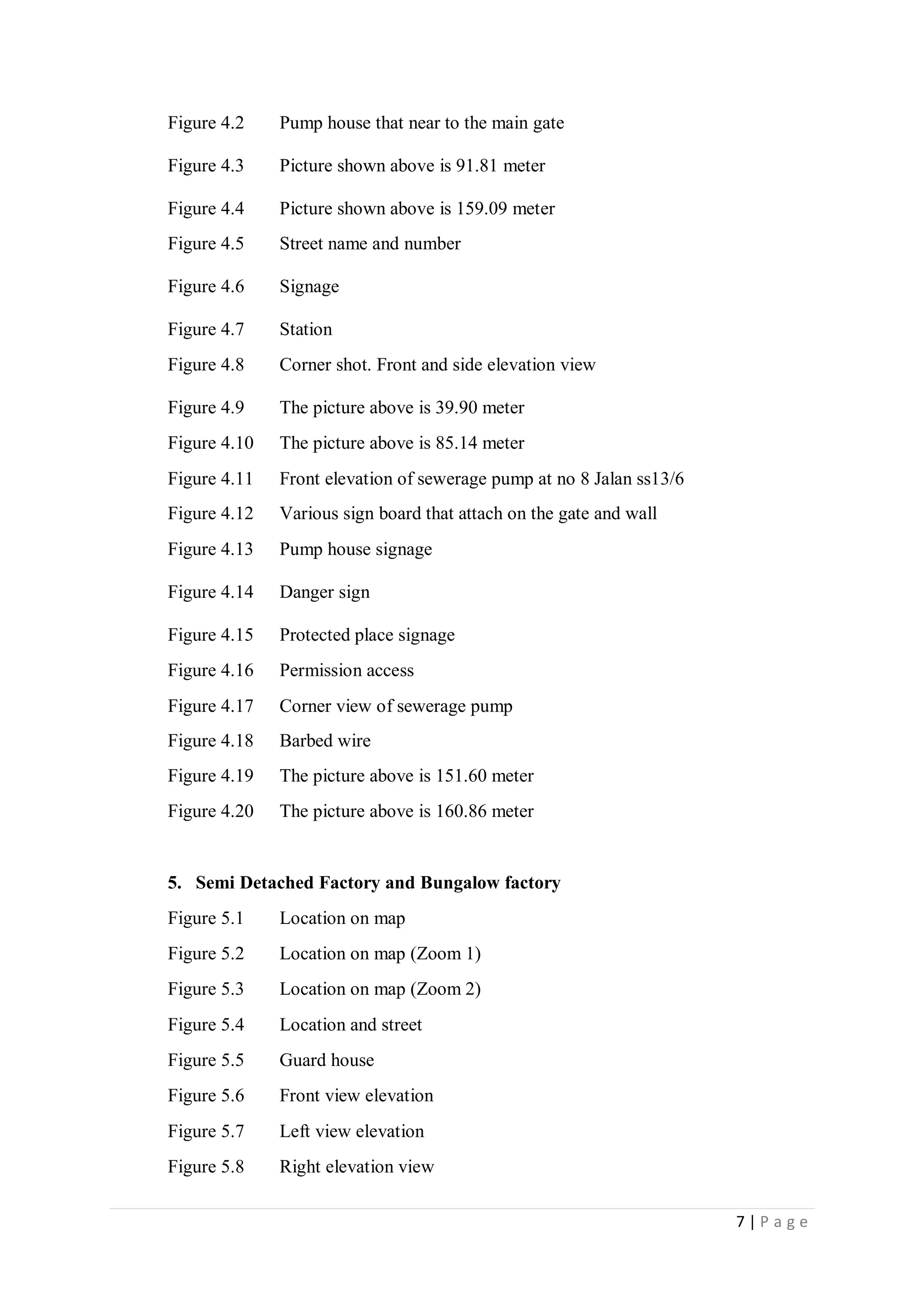 7 | P a g e
Figure 4.2 Pump house that near to the main gate
Figure 4.3 Picture shown above is 91.81 meter
Figure 4.4 Picture shown above is 159.09 meter
Figure 4.5 Street name and number
Figure 4.6 Signage
Figure 4.7 Station
Figure 4.8 Corner shot. Front and side elevation view
Figure 4.9 The picture above is 39.90 meter
Figure 4.10 The picture above is 85.14 meter
Figure 4.11 Front elevation of sewerage pump at no 8 Jalan ss13/6
Figure 4.12 Various sign board that attach on the gate and wall
Figure 4.13 Pump house signage
Figure 4.14 Danger sign
Figure 4.15 Protected place signage
Figure 4.16 Permission access
Figure 4.17 Corner view of sewerage pump
Figure 4.18 Barbed wire
Figure 4.19 The picture above is 151.60 meter
Figure 4.20 The picture above is 160.86 meter
5. Semi Detached Factory and Bungalow factory
Figure 5.1 Location on map
Figure 5.2 Location on map (Zoom 1)
Figure 5.3 Location on map (Zoom 2)
Figure 5.4 Location and street
Figure 5.5 Guard house
Figure 5.6 Front view elevation
Figure 5.7 Left view elevation
Figure 5.8 Right elevation view
 