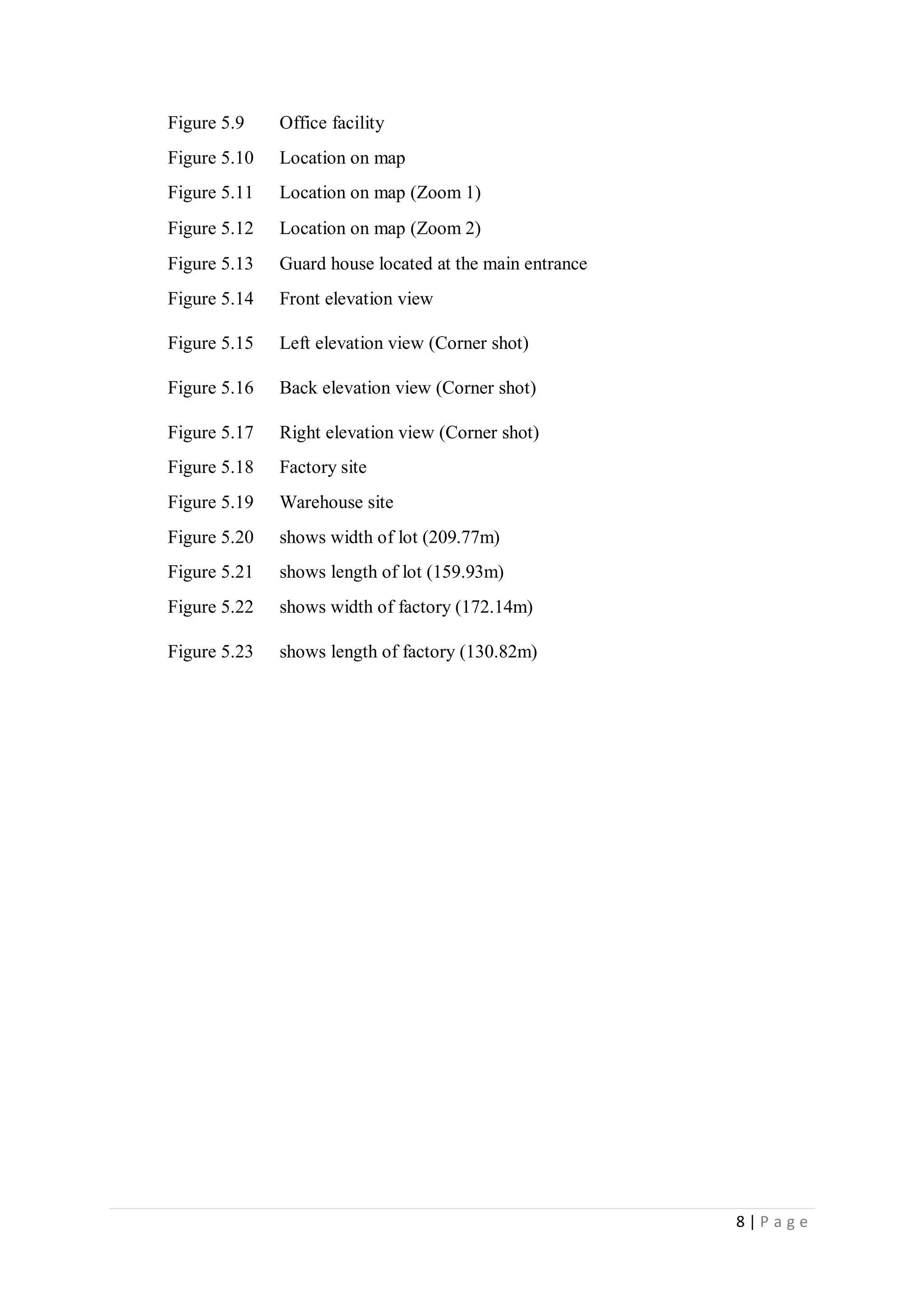 8 | P a g e
Figure 5.9 Office facility
Figure 5.10 Location on map
Figure 5.11 Location on map (Zoom 1)
Figure 5.12 Location on map (Zoom 2)
Figure 5.13 Guard house located at the main entrance
Figure 5.14 Front elevation view
Figure 5.15 Left elevation view (Corner shot)
Figure 5.16 Back elevation view (Corner shot)
Figure 5.17 Right elevation view (Corner shot)
Figure 5.18 Factory site
Figure 5.19 Warehouse site
Figure 5.20 shows width of lot (209.77m)
Figure 5.21 shows length of lot (159.93m)
Figure 5.22 shows width of factory (172.14m)
Figure 5.23 shows length of factory (130.82m)
 