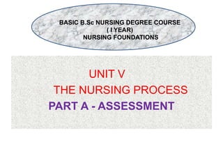 BASIC B.Sc NURSING DEGREE COURSE
( I YEAR)
NURSING FOUNDATIONS
UNIT V
THE NURSING PROCESS
PART A - ASSESSMENT
 