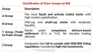 Mr. MUSTAQ MULLA, Teaching Assistant at SRFGCC
Rani Channamma University Belagavi.
30
Classification of Share Groups on BSE
Group Description
A Group The most liquid and actively traded stocks with
high market capitalization.
B Group Mid-cap and small-cap stocks with moderate
liquidity.
T Group (Trade-
to-Trade Group)
Stocks under compulsory delivery-based
settlement (T+1 or T+2). No intraday trading
allowed.
Z Group Companies that fail to comply with SEBI/BSE listing
regulations. Considered high-risk investments.
 
