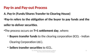 Mr. MUSTAQ MULLA, Teaching Assistant at SRFGCC
Rani Channamma University Belagavi.
37
Pay-in and Pay-out Process
A. Pay-in (Funds/Shares Transfer to Clearing House)
•Pay-in refers to the obligation of the buyer to pay funds and the
seller to deliver securities.
•The process occurs on T+1 settlement day, where:
• Buyers transfer funds to the clearing corporation (ICCL - Indian
Clearing Corporation Ltd.).
• Sellers transfer securities to ICCL.
 