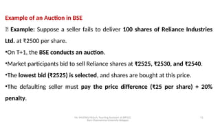 Mr. MUSTAQ MULLA, Teaching Assistant at SRFGCC
Rani Channamma University Belagavi.
51
Example of an Auction in BSE
🔹 Example: Suppose a seller fails to deliver 100 shares of Reliance Industries
Ltd. at ₹2500 per share.
•On T+1, the BSE conducts an auction.
•Market participants bid to sell Reliance shares at ₹2525, ₹2530, and ₹2540.
•The lowest bid (₹2525) is selected, and shares are bought at this price.
•The defaulting seller must pay the price difference (₹25 per share) + 20%
penalty.
 