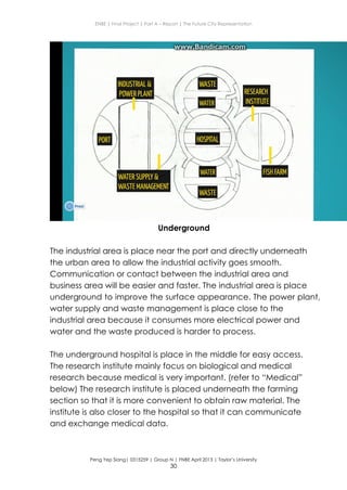 ENBE | Final Project | Part A – Report | The Future City Representation
Peng Yep Siang| 0315259 | Group N | FNBE April 2013 | Taylor’s University
30
Underground
The industrial area is place near the port and directly underneath
the urban area to allow the industrial activity goes smooth.
Communication or contact between the industrial area and
business area will be easier and faster. The industrial area is place
underground to improve the surface appearance. The power plant,
water supply and waste management is place close to the
industrial area because it consumes more electrical power and
water and the waste produced is harder to process.
The underground hospital is place in the middle for easy access.
The research institute mainly focus on biological and medical
research because medical is very important. (refer to “Medical”
below) The research institute is placed underneath the farming
section so that it is more convenient to obtain raw material. The
institute is also closer to the hospital so that it can communicate
and exchange medical data.
 