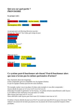 Qui sera sur quel partie ?
PROVISOIRE

les groupes rush :

G1
Sombre (barb) / Olmix (sorc) / Joy3ux (monk) / Ekyna-WD
G2
Hurtmeplenty (DH) / Ozie (wd) / / Rutal (barb)


Les groupes post rush (farming inferno) en journée :
Groupe des "farmers" (les 4 plus gros temps de jeu)
(A-Sombre-barb)
(B-Olmix-sorc)
(C-Rutal-barb)
(D-Ozie-WD
G-Ekyna-WD
Groupe des "bosseur"!
E-Joyeux-monk
H-hurtmeplenty- DH



1fois sur sur 2 :
(A-Barb) (D*Ozie) + E-Monk H-DH
(C-Barb) (B-Sorc)+ F-DH + G-Ekyna-WD

1 fois sur 2
(A-Barb) (B-Sorc) + E-Monk F-DH
(C-Barb) (D-Ozie) + H-DH + G-Ekyna-WD



Ce système peut-il fonctionner ad-vitaem? Peut-il fonctionner alors
que nous n'avons pas les mêmes partenaires d'arènes?
Oui, Il pourrais durer trés longtemps.
Il faut comprendre qu'il est compatible avec les équipes d'arènes.
Et que les équipes d'arènes peuvent être mixé d'ailleurs.

Par exemple, mettez vous à ma place (A) dans cette exemple et vous allez comprendre :
Joyeux décide de jouer en 3c3 avec A et F et en 2c2 avec G.
Etant dans l'exemple le partenaire 3c3 de Joyeux, le système m'incite naturellement à aidé Joyeux-
E et F-KIB sur leurs stuff pour avoir une team 3c3 solide.
Mais Joyeux joue aussi avec G- en 2c2.
Donc aidé Kalt à aidé Joyeux pour leurs team 2c2 m'aidera à mon tour en 3c3.

Et même si Joyeux décide de jouer avec B et F (ca serait une team B-E-F) et que je n'ai aucun "liens
indirect" (un joueur de ma team qui jouerai avec un joueurs de la leur) ca pourrait toujours m'être
profitable :
 