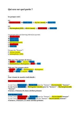 Qui sera sur quel partie ?


les groupes rush :

G1
A-Sombre (barb) B-Olmix (sorc) C-Joy3ux (monk) D-Ekyna-WD

G2
E-Hurtmeplenty(DH) F-Retro (monk) G-Rutal (barb) H-Gala (wd)


Les groupes post rush (farming inferno) en journée :
A-Sombre (barb)
B-Olmix-(sorc)
D-Ekyna-(WD)
F-Retrogamer(monk)
G-Rutal-(barb)
H-Gala (wd)

Groupe des "bosseur"!
C-Joyeux-(monk)
E-hurtmeplenty- (DH)


1fois sur 2 (les groupes de bases)
A-sombre B-olmix C-Joyeux D-Ekyna
E-Hurtmeplenty F-Retrogamer G-Rutal H-Gala

1fois sur 2 les groupes mixés
A-Sombre D-Ekyna E-Hurtmeplenty F-Retrogamer
G-Rutal B-Olmix C-Joyeux D-Gala

--
Pour résumé de manière individuelle :

Pour A-sombre (barb):

1x sur 2 avec Olmix(sorc)) et Ekyna (wd) pour les "farmers" +Joyeux(monk) "bosseur"
1x sur 2 avec Ekyna(wd) et Retrogamer (monk) pour les "farmers" + Hurtmeplenty(dh)
"bosseur"
4 farmer, 2 bosseur, 0x classe attribut primaire

Pour B-olmix (sorc)
1x sur 2 avec sombre(barb) et ekyna(wd) pour les "farmers" + Joyeux(monk) bosseur"
1x sur 2 avec Rutal(barb) et Gala(wd) pour les "farmers" +Joyeux(monk) bosseur"
4 farmers, 2 bosseurs, 2x classe attribut primaire
 