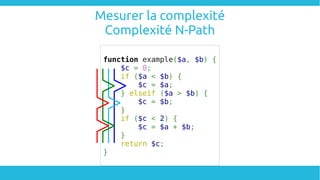 Mesurer la complexité
Complexité N-Path
function example($a, $b) {
$c = 0;
if ($a < $b) {
$c = $a;
} elseif ($a > $b) {
$c = $b;
}
if ($c < 2) {
$c = $a + $b;
}
return $c;
}
 
