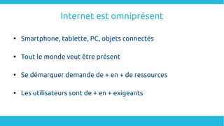 Internet est omniprésent

Smartphone, tablette, PC, objets connectés

Tout le monde veut être présent

Se démarquer demande de + en + de ressources

Les utilisateurs sont de + en + exigeants
 