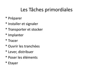 Les Tâches primordiales
* Préparer
* Installer et signaler
* Transporter et stocker
* Implanter
* Tracer
* Ouvrir les tranchées
* Lever, distribuer
* Poser les éléments
* Etayer
 