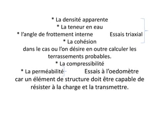 * La densité apparente
* La teneur en eau
* l’angle de frottement interne Essais triaxial
* La cohésion
dans le cas ou l’on désire en outre calculer les
terrassements probables.
* La compressibilité
* La perméabilité Essais à l’oedomètre
car un élément de structure doit être capable de
résister à la charge et la transmettre.
 