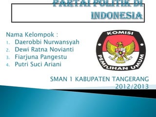 Nama Kelompok :
1. Daerobbi Nurwansyah
2. Dewi Ratna Novianti
3. Fiarjuna Pangestu
4. Putri Suci Ariani


             SMAN 1 KABUPATEN TANGERANG
                               2012/2013
 