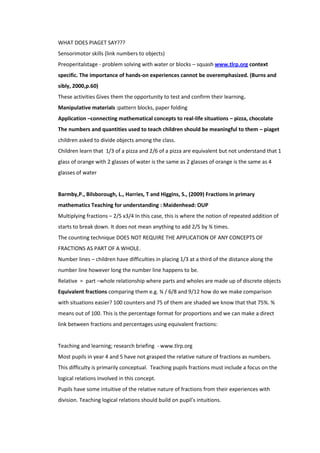 WHAT DOES PIAGET SAY???
Sensorimotor skills (link numbers to objects)
Preoperitalstage - problem solving with water or blocks – squash www.tlrp.org context
specific. The importance of hands-on experiences cannot be overemphasized. (Burns and
sibly, 2000,p.60)
These activities Gives them the opportunity to test and confirm their learning.
Manipulative materials :pattern blocks, paper folding
Application –connecting mathematical concepts to real-life situations – pizza, chocolate
The numbers and quantities used to teach children should be meaningful to them – piaget
children asked to divide objects among the class.
Children learn that 1/3 of a pizza and 2/6 of a pizza are equivalent but not understand that 1
glass of orange with 2 glasses of water is the same as 2 glasses of orange is the same as 4
glasses of water


Barmby,P., Bilsborough, L., Harries, T and Higgins, S., (2009) Fractions in primary
mathematics Teaching for understanding : Maidenhead: OUP
Multiplying fractions – 2/5 x3/4 In this case, this is where the notion of repeated addition of
starts to break down. It does not mean anything to add 2/5 by ¾ times.
The counting technique DOES NOT REQUIRE THE APPLICATION OF ANY CONCEPTS OF
FRACTIONS AS PART OF A WHOLE.
Number lines – children have difficulties in placing 1/3 at a third of the distance along the
number line however long the number line happens to be.
Relative = part –whole relationship where parts and wholes are made up of discrete objects
Equivalent fractions comparing them e.g. ¾ / 6/8 and 9/12 how do we make comparison
with situations easier? 100 counters and 75 of them are shaded we know that that 75%. %
means out of 100. This is the percentage format for proportions and we can make a direct
link between fractions and percentages using equivalent fractions:


Teaching and learning; research briefing - www.tlrp.org
Most pupils in year 4 and 5 have not grasped the relative nature of fractions as numbers.
This difficulty is primarily conceptual. Teaching pupils fractions must include a focus on the
logical relations involved in this concept.
Pupils have some intuitive of the relative nature of fractions from their experiences with
division. Teaching logical relations should build on pupil’s intuitions.
 