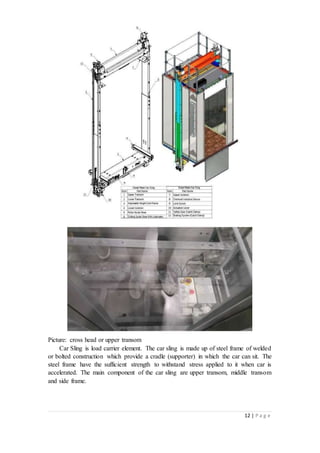 12 | P a g e
Picture: cross head or upper transom
Car Sling is load carrier element. The car sling is made up of steel frame of welded
or bolted construction which provide a cradle (supporter) in which the car can sit. The
steel frame have the sufficient strength to withstand stress applied to it when car is
accelerated. The main component of the car sling are upper transom, middle transom
and side frame.
 