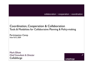 collaboration :: cooperation :: coordination




Coordination, Cooperation & Collaboration
Tools & Modalities for Collaborative Planning & Policy-making

Participation Camp
New York, 2009




Mark Elliott
Chief Consultant & Director
Collabforge
 