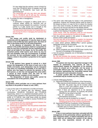 If it was stated that the partners cannot contract for       A       P 30,000.00   3/6     P 7,500.00        -        P 7,500.00
          more than P5,000.00 worth of supplies and B still
          contracts for P10,000.00, how much will the                  B       P 20,000.00   2/6     P 5,000.00        -        P 5,000.00
          partnership pay?
                                                                       C       P 10,000.00   1/6     P 2,500.00    P 2,000.00   P 4,500.00
          The partnership will only pay what was allowed,
          that is, P5,000.00 and B will pay the remaining                                                                           P
                                                                     TOTAL     P 60,000.00   6/6     P 15,000.00   P 2,000.00
          balance since B overstepped his authority.                                                                            17,000.00
  (3) To answer for risks in management
      - Example:                                                       The same rules shall apply for losses in the partnership’s
          A partnership is engaged in selling goods and a              operations, however the industrial partner shall not share in
          customer keeps asking for discounts and an                   the losses as there is no way for him to retract his industry
          argument ensues between the customer, C and the              and in the event of losses, his efforts would have been for
          partner A. A gets injured and is brought to the              vain and it can thus be said that he has already shared.
          hospital. Who shall shoulder the hospital bills?
                                                                       What is the legal effect of having a stipulation that excludes
          The partnership shall shoulder the hospital bills as it
                                                                       a partner from sharing in the profits or losses?
          was during A’s time in managing the business that
                                                                       Under Article 1799, the stipulation shall be void because
          he was injured.
                                                                       there must be mutual sharing of profits and losses.
Article 1797                                                           Can the partners appoint a 3rd person to designate the
                                                                       division of their profits and losses?
       The losses and profits shall be distributed in
                                                                       Yes and they will not be allowed to question his decisions
  conformity with the agreement. If only the share of each
  partner in the profits has been agreed upon, the share of            unless the designation of shares is manifestly inequitable.
  each in the losses shall be in the same proportion.                  2 cases where partners ABSOLUTELY cannot question
       In the absence of stipulation, the share of each                designated shares by the 3rd parties:
  partner in the profits and losses shall be in proportion to          (1) When a partner begins to execute the 3rd party’s
  what he may have contributed, but the industrial partner                  decision
  shall not be liable for the losses. As for the profits, the          (2) When complaints are raised AFTER three months from
  industrial partner shall receive such share as may be                     the point of knowledge of the designation
  just and equitable under the circumstances. If besides               Can the partners designate one of themselves to distribute
  his services, he has contributed capital, he shall also              profits or losses?
  receive a share in the profits in proportion to his capital.         No, the law prohibits this situation because there may be
  (1689a)                                                              disparities when it comes to the distribution of net profits.

Article 1798                                                         Article 1800
       If the partners have agreed to entrust to a third                    The partner who has been appointed manager in the
  person the designation of the share of each one in the               articles of partnership may execute all acts of
  profits and losses, such designation may be impugned                 administration despite the opposition of his partners,
  only when it is manifestly inequitable. In no case may a             unless he should act in bad faith; and his power is
  partner who has begun to execute the decision of the                 irrevocable without just and lawful cause. The vote of
  third person, or who has not impugned the same within                the partners representing the controlling interest shall
  a period of three months from the time he had                        be necessary for such revocation of power.
  knowledge thereof, complain of such decision.                             A power granted after the partnership has been
       The designation of losses and profits cannot be                 constituted may be revoked any time. (1692a)
  entrusted to one of the partners. (1690)
                                                                       2 Kinds of Managing Partners:
Article 1799                                                           (1) Appointed DURING the Constitution of the Partnership
A stipulation which excludes one or more partners from                     - May execute all administrative acts unless he acted in
any share in the profits or losses is void. (1691)                              bad faith. His power may not be revoked unless
                                                                                there is a JUST and LAWFUL cause and the vote
  Lays out the rules in the distribution of profits and losses                  of the partners with controlling interest
  A, B and C are partners with the following capital                       - Even if there are objections as to his decisions
  contributions, P30,000.00, P20,000.00 and P10,000.00                          coming from the partners, his authority will prevail
  respectively, where C is a capitalist-industrialist partner. For              UNLESS he has acted in bad faith
  one year of their operations, their partnership had earned net           - Acts of administration: ordinary business and
  profits of P17,000.00. How shall these profits be divided                     administrative transactions
  among the partners? (C is entitled to receive P2,000.00 out              - Why can he note be revoked for no reason?
  of the entire P17,000.00)                                                     Because if you revoke his power, you are in effect
  (1) In accordance with any existing agreement between the                     changing the terms of the contract of partnership.
       partners as to how they shall share.                            (2) Appointed AFTER the Constitution of the Partnership
  (2) If there was no agreement, then the partners shall share             - May have his power revoked with or without cause
       on a pro-rata basis                                                 - Decided upon by those partners who own controlling
  (3) The industrial partner shall get what is JUST and                         interest in the partnership
       EQUITABLE in the circumstances. (BONUS TO
       PARTNER)                                                      Article 1801
                                                                            If two or more partners have been entrusted with the
                                                                       management of the partnership without specification of
                                  SHARE IN                TOTAL
  P
          CAPITAL
                       RATIO   DISTRIBUTABLE   BONUS     SHARE IN
                                                                       their respective duties, or without stipulation that one of
        CONTRIBUTION
                                   PROFIT                PROFITS       them shall not act without the consent of the others,
                                                                       each one may separately execute all acts of
 