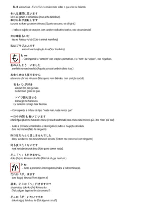 私は watashi wa - 'Eu' o 'Eu' é a maior ideia sobre o que está se falando.
それは疑問に思います
sore wa gimon ni omoimasu (Isso,acho duvidoso)
車はかれが運転します
kuruma wa kare ga unten shimasu (Quanto ao carro, ele dirigirá.)
– Indica o sujeito de orações com caráter explicativo-teórico, não circunstancial.
犬は哺乳るいだ
inu wa honyuu-rui da (Cão é animal mamífero)
私はブラジル人です
watashi wa burajiru-jin desu(Sou brasileiro)
も mo
– Corresponde a "também",nas orações afirmativas, e a "nem" ou "sequer", nas negativas.
あの人もそう いました
ano hito mo sou imashita (Aquela pessoa também disse isso.)
お金も地位も要りません
okane mo chii mo irimasen (Não quero nem dinheiro, nem posição social)
私もパンが好き
watashi mo pan ga suki.
Eu também gosto de pão.
ドイツ語も話せる
doitsu go mo hanaseru.
Eu também consigo falar Alemão.
– Corresponde à ênfase do tipo: "nada mais,nada menos que"
一日中 時間 も 働いて います
ichinichijuu jikan mo hataraite imasu (Estou trabalhando nada mais,nada menos que, dez horas por dia!)
- Junto a pronomes indefinidos e interrogativos,indica a negação absoluta.
dare mo imasen (Não há ninguém)
昨日はだれとも話しませんでした
kinou wa dare to mo hanashimasen deshita (Ontem não conversei com ninguém.)
何も食べたくないです
nani mo tabetakunai desu (Não quero comer nada.)
どこ「へ」も行きません
doko (he)mo ikimasen deshita (Não fui a lugar nenhum.)
か ka
– Junto a pronomes interrogativos,indica a indeterminação.
だれか「が」来ます
dare ka(ga) kimasu (Vem alguém aí)
週末、どこか「へ」行きますか？
shuumatsu, doko ka (he) ikimasu ka
(Vai a algum lugar no fim da semana?)
どこか「が」いたいですか
doko ka (ga) itai desu ka (Dói alguma coisa?)
 