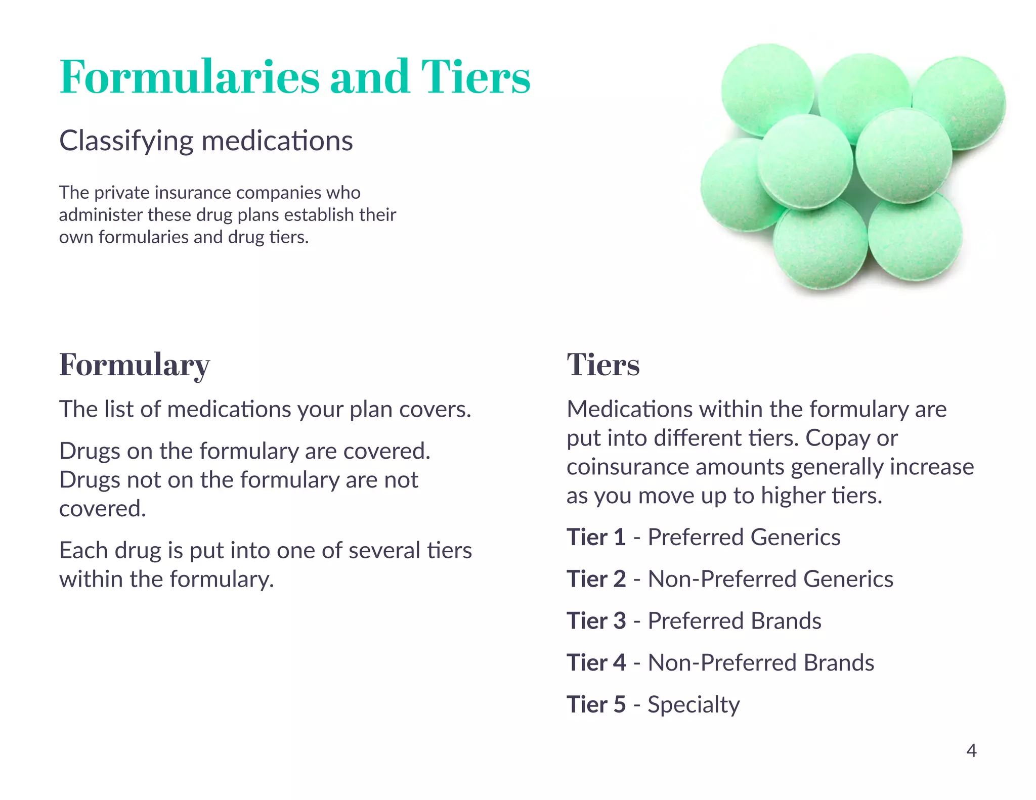 Classifying medications
Formularies and Tiers
The private insurance companies who
administer these drug plans establish their
own formularies and drug tiers.
Formulary

The list of medications your plan covers. 

Drugs on the formulary are covered.
Drugs not on the formulary are not
covered.

Each drug is put into one of several tiers
within the formulary.
Tiers

Medications within the formulary are
put into different tiers. Copay or
coinsurance amounts generally increase
as you move up to higher tiers. 

Tier 1 - Preferred Generics

Tier 2 - Non-Preferred Generics

Tier 3 - Preferred Brands

Tier 4 - Non-Preferred Brands

Tier 5 - Specialty
4
 