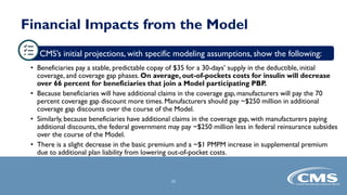 Financial Impacts from the Model
CMS’s initial projections, with specific modeling assumptions, show the following:
• Beneficiaries pay a stable, predictable copay of $35 for a 30-days’ supply in the deductible, initial
coverage, and coverage gap phases. On average, out-of-pockets costs for insulin will decrease
over 66 percent for beneficiaries that join a Model participating PBP.
• Because beneficiaries will have additional claims in the coverage gap, manufacturers will pay the 70
percent coverage gap discount more times. Manufacturers should pay ~$250 million in additional
coverage gap discounts over the course of the Model.
• Similarly, because beneficiaries have additional claims in the coverage gap, with manufacturers paying
additional discounts, the federal government may pay ~$250 million less in federal reinsurance subsides
over the course of the Model.
• There is a slight decrease in the basic premium and a ~$1 PMPM increase in supplemental premium
due to additional plan liability from lowering out-of-pocket costs.
11
 
