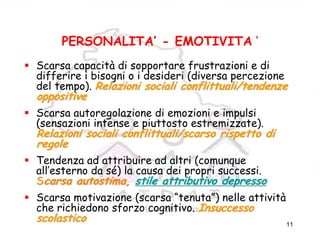 11
PERSONALITA’ - EMOTIVITA ‘
Scarsa capacità di sopportare frustrazioni e di
differire i bisogni o i desideri (diversa percezione
del tempo). Relazioni sociali conflittuali/tendenzeRelazioni sociali conflittuali/tendenze
oppositiveoppositive
Scarsa autoregolazione di emozioni e impulsi
(sensazioni intense e piuttosto estremizzate).
Relazioni sociali conflittuali/scarso rispetto diRelazioni sociali conflittuali/scarso rispetto di
regoleregole
Tendenza ad attribuire ad altri (comunque
all’esterno da sé) la causa dei propri successi.
SScarsa autostima,carsa autostima, stile attributivo depressostile attributivo depresso
Scarsa motivazione (scarsa “tenuta”) nelle attività
che richiedono sforzo cognitivo. InsuccessoInsuccesso
scolasticoscolastico
 