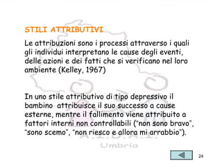 24
STILI ATTRIBUTIVI
Le attribuzioni sono i processi attraverso i quali
gli individui interpretano le cause degli eventi,
delle azioni e dei fatti che si verificano nel loro
ambiente (Kelley, 1967)
In uno stile attributivo di tipo depressivo il
bambino attribuisce il suo successo a cause
esterne, mentre il fallimento viene attribuito a
fattori interni non controllabili (“non sono bravo”,
“sono scemo”, “non riesco e allora mi arrabbio”).
 