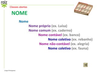 Classes abertas

           NOME
                    Nome
                           Nome próprio (ex. Luísa)
                           Nome comum (ex. caderno)
                               Nome contável (ex. banco)
                                     Nome coletivo (ex. rebanho)
                                Nome não-contável (ex. alegria)
                                     Nome coletivo (ex. fauna)




Língua Portuguesa
 