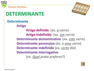 Classes fechadas


  DETERMINANTE
    Determinante
         Artigo
                Artigo definido (ex. o carro)
                Artigo indefinido (ex. um carro)
         Determinante demonstrativo (ex. este carro)
         Determinante possessivo (ex. o meu carro)
         Determinante indefinido (ex. certo dia)
         Determinante interrogativo
                (ex. Qual prato preferes?)


Língua Portuguesa
 