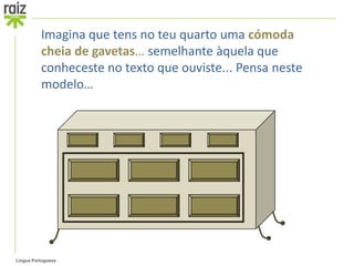 Imagina que tens no teu quarto uma cómoda
          cheia de gavetas… semelhante àquela que
          conheceste no texto que ouviste... Pensa neste
          modelo…




Língua Portuguesa
 