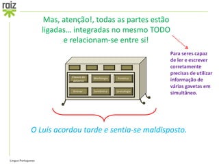 Mas, atenção!, todas as partes estão
                    ligadas… integradas no mesmo TODO
                          e relacionam-se entre si!
                                                        Para seres capaz
                                                        de ler e escrever
                                                        corretamente
                                                        precisas de utilizar
                                                        informação de
                                                        várias gavetas em
                                                        simultâneo.




              O Luís acordou tarde e sentia-se maldisposto.


Língua Portuguesa
 