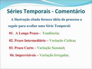 Séries Temporais - Comentário A Ilustração citada fornece idéia do processo a seguir para avaliar uma Série Temporal: 01.  A Longo Prazo -  Tendência ; 02. Prazo Intermediário –  Variação Cíclica ; 03. Prazo Curto –  Variação Sazonal ; 04. Imprevisíveis –  Variação Irregular . 