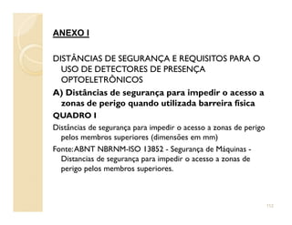 ANEXO I
DISTÂNCIAS DE SEGURANÇA E REQUISITOS PARA O
USO DE DETECTORES DE PRESENÇA
OPTOELETRÔNICOS
A) Distâncias de segurança para impedir o acesso a
zonas de perigo quando utilizada barreira física
QUADRO IQUADRO I
Distâncias de segurança para impedir o acesso a zonas de perigo
pelos membros superiores (dimensões em mm)
Fonte:ABNT NBRNM-ISO 13852 - Segurança de Máquinas -
Distancias de segurança para impedir o acesso a zonas de
perigo pelos membros superiores.
112
 