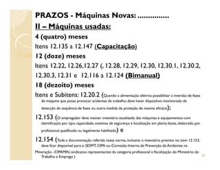 PRAZOS - Máquinas Novas: ...............
II – Máquinas usadas:
4 (quatro) meses
Itens 12.135 a 12.147 ((CapacitaçãoCapacitação))
12 (doze) meses
Itens 12.22, 12.26,12.27 (, 12.28, 12.29, 12.30, 12.30.1, 12.30.2,
12.30.3, 12.31 e 12.116 a 12.124 ((BimanualBimanual))
18 (dezoito) meses18 (dezoito) meses
Itens e Subitens: 12.20.2 (Quando a alimentação elétrica possibilitar a inversão de fases
de máquina que possa provocar acidentes de trabalho, deve haver dispositivo monitorado de
detecção de seqüência de fases ou outra medida de proteção de mesma eficácia);
12.153 (O empregador deve manter inventário atualizado das máquinas e equipamentos com
identificação por tipo, capacidade, sistemas de segurança e localização em planta baixa, elaborado por
profissional qualificado ou legalmente habilitado) e
12.154 (Toda a documentação referida nesta norma, inclusive o inventário previsto no item 12.153,
deve ficar disponível para o SESMT, CIPA ou Comissão Interna de Prevenção de Acidentes na
Mineração –CIPAMIN, sindicatos representantes da categoria profissional e fiscalização do Ministério do
Trabalho e Emprego ) 26
 
