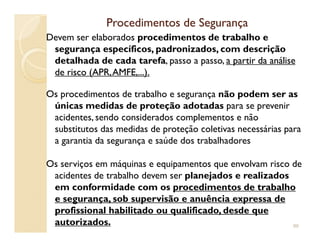 Procedimentos de SegurançaProcedimentos de Segurança
Devem ser elaborados procedimentos de trabalho e
segurança específicos, padronizados, com descrição
detalhada de cada tarefa, passo a passo, a partir da análisea partir da análise
de risco (APR,AMFE,...).de risco (APR,AMFE,...).
Os procedimentos de trabalho e segurança não podem ser as
únicas medidas de proteção adotadas para se prevenir
acidentes, sendo considerados complementos e não
substitutos das medidas de proteção coletivas necessárias parasubstitutos das medidas de proteção coletivas necessárias para
a garantia da segurança e saúde dos trabalhadores
Os serviços em máquinas e equipamentos que envolvam risco de
acidentes de trabalho devem ser planejados e realizados
em conformidade com os procedimentos de trabalho
e segurança, sob supervisão e anuência expressa de
profissional habilitado ou qualificado, desde que
autorizados. 99
 