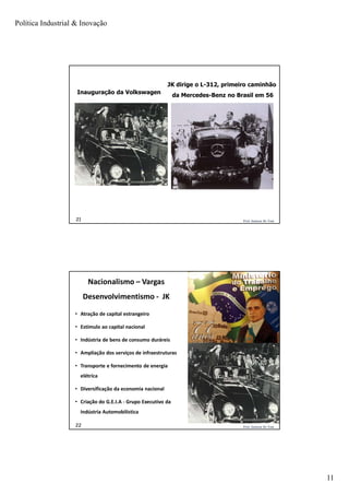 Política Industrial & Inovação
11
Prof. Jackson De Toni21
Inauguração da Volkswagen
JK dirige o L-312, primeiro caminhão
da Mercedes-Benz no Brasil em 56
Prof. Jackson De Toni22
• Atração de capital estrangeiro
• Estímulo ao capital nacional
• Indústria de bens de consumo duráreis
• Ampliação dos serviços de infraestruturas
• Transporte e fornecimento de energia
elétrica
• Diversificação da economia nacional
• Criação do G.E.I.A - Grupo Executivo da
Indústria Automobilística
Nacionalismo – Vargas
Desenvolvimentismo - JK
 