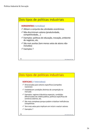 Política Industrial & Inovação
36
Prof. Jackson De Toni71
Dois tipos de politicas industriais
HORIZONTAIS (+ortodoxa)
 Afetam o conjunto das atividades econômicas
 Não discriminam setores (produtividade,
competitividade,...)
 Exemplos: políticas de educação, inovação, ambiente
de negócios, etc.
 São mais aceitas (tem menos vetos de atores não-
incluídos)
 Exemplos ?
Prof. Jackson De Toni72
Dois tipos de politicas industriais
VERTICAIS (+ heterodoxa)
 Direcionadas para setores específicos (campeões
nacionais)
 Estabelecem condições distintas de competição no
mercado
 Exemplos: regimes tributários especiais, condições
diferenciadas de crédito público, politicas específicas de
comércio exterior, etc.
 São mais complexas porque podem cristalizar ineficiências
competitivas
 Tem mais vetos pois implicam em incluir e excluir setores
 Exemplos ?
 