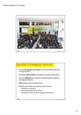 Política Industrial & Inovação
53
Prof. Jackson De Toni105
Prof. Jackson De Toni106
Agendas Estratégicas Setoriais
• Criados 19 Comitês e Conselhos de Competitividade Setoriais
em abril de 2012
• Realizadas 300 reuniões de Comitês e Conselhos desde 2012
• Mais de 1000 pessoas envolvidas na elaboração das Agendas
Estratégicas Setoriais
• 320 medidas setoriais programadas
• Medidas priorizadas de acordo com três critérios:
• impactos na indústria
• governabilidade dos Conselhos
• resultados dentro do atual mandato presidencial
 