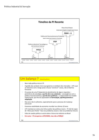 Política Industrial & Inovação
56
Prof. Jackson De Toni111
Prof. Jackson De Toni112
Um balanço ? (David Kupfner)
1. Nem toda política micro é PI
2. A gestão das variáveis micro que governa o cotidiano dos mercados – A PI, que
se relaciona com o longo prazo e busca “construir” coisas, não só fazê-las
funcionar
3. O sucesso de uma PI depende do atendimento de alguns requisitos –
pertinência da estratégia, que lhe dá o seu substrato – convergência com a
política macroeconômica, que lhe dá a potência – e organicidade do modelo
institucional, que lhe dá capacidade de formulação, aperfeiçoamento e
adaptação
4. Dez anos não é suficiente, especialmente para o processo de mudança
estrutural
5. Excessiva volatilidade da economia mundial nos últimos 10 anos
6. A PI manteve-se como uma linha auxiliar das políticas macro – PI não foi capaz
de “olhar para frente”: foca nos problemas atuais e não nos problemas futuros
7. Falta de coesão política e social sobre o futuro da indústria no Brasil
8. Em suma – PI recuperou o ATIVISMO, mas não a FORÇA!
 