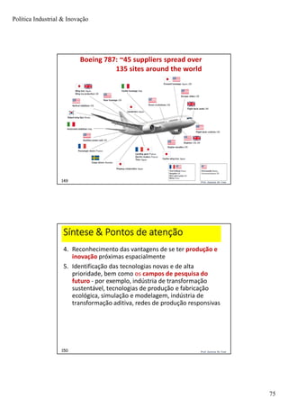 Política Industrial & Inovação
75
Prof. Jackson De Toni149
Boeing 787: ~45 suppliers spread over
135 sites around the world
Prof. Jackson De Toni150
Síntese & Pontos de atenção
4. Reconhecimento das vantagens de se ter produção e
inovação próximas espacialmente
5. Identificação das tecnologias novas e de alta
prioridade, bem como os campos de pesquisa do
futuro - por exemplo, indústria de transformação
sustentável, tecnologias de produção e fabricação
ecológica, simulação e modelagem, indústria de
transformação aditiva, redes de produção responsivas
 
