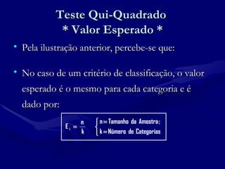 Teste Qui-Quadrado  * Valor Esperado * Pela ilustração anterior, percebe-se que: No caso de um critério de classificação, o valor esperado é o mesmo para cada categoria e é dado por:  